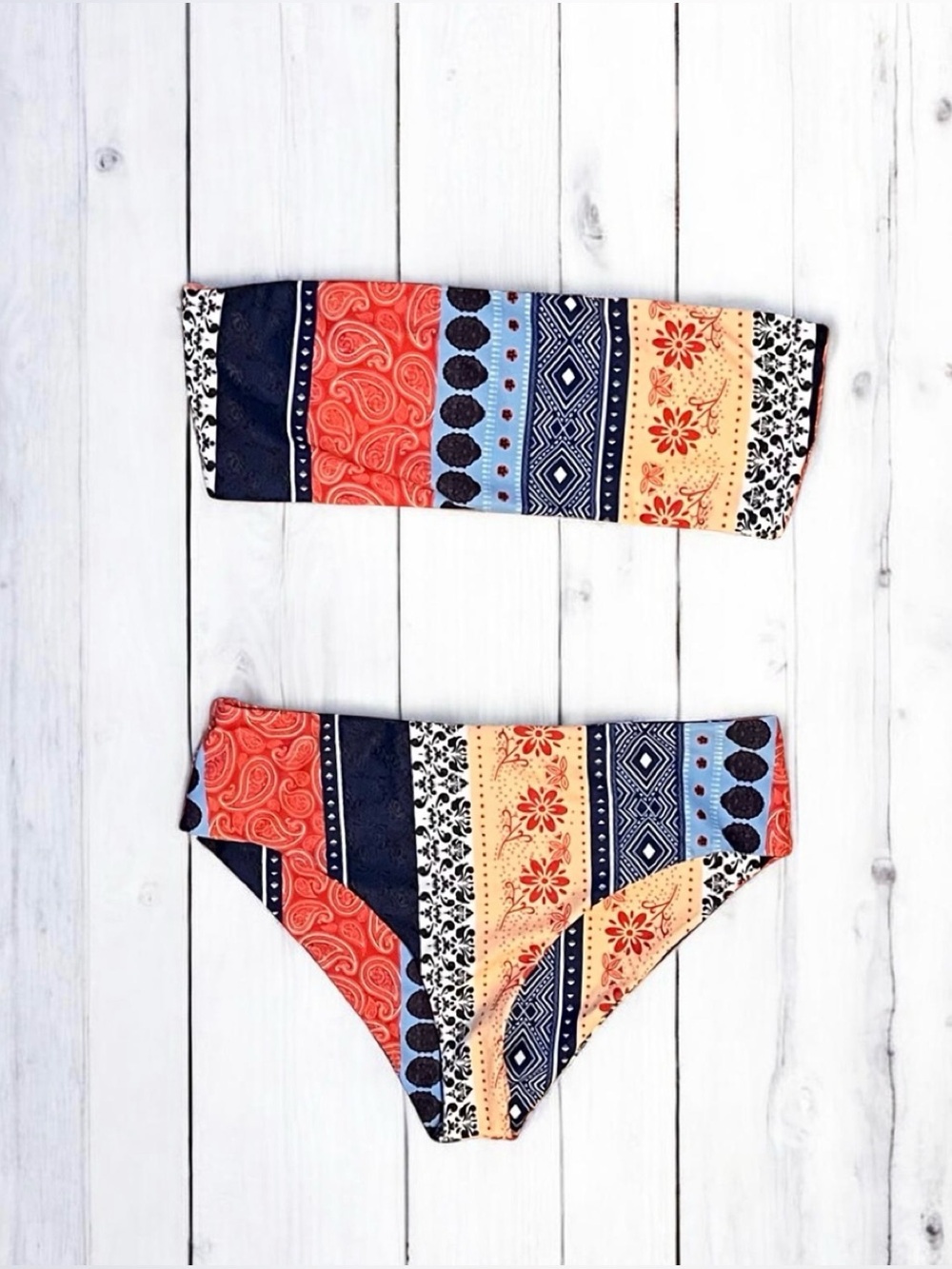 NEW Boho Patchwork Print Bandeau Bikini Set High Waisted Strapless Swimsuit